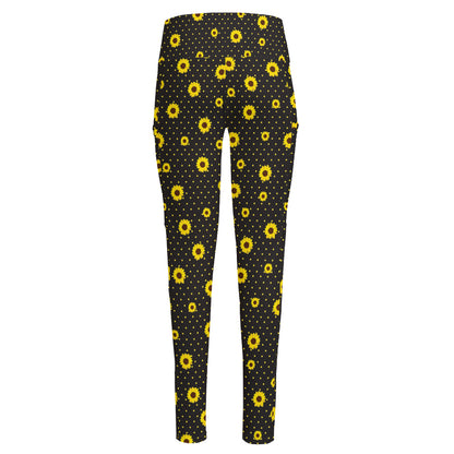 Polka Dot Sunflower Pattern Print High-Waisted Pocket Leggings