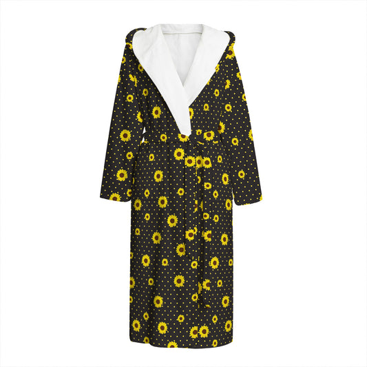 Polka Dot Sunflower Pattern Print Hooded Bathrobe