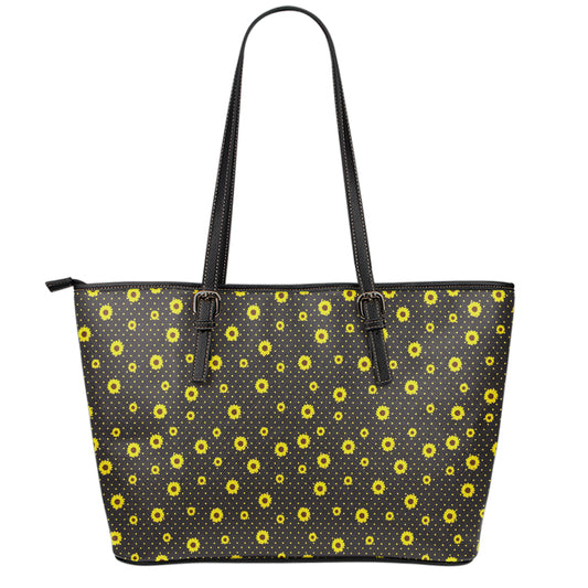 Polka Dot Sunflower Pattern Print Leather Tote Bag