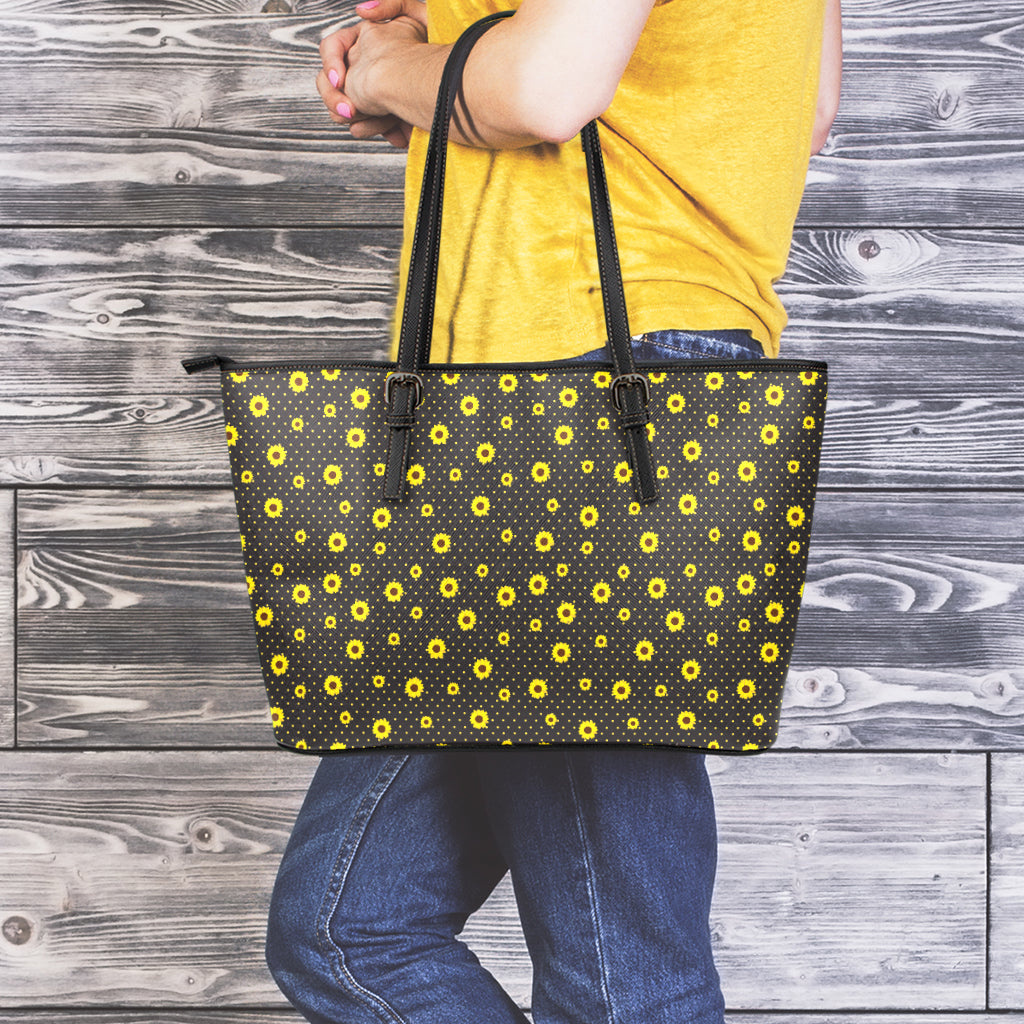 Polka Dot Sunflower Pattern Print Leather Tote Bag