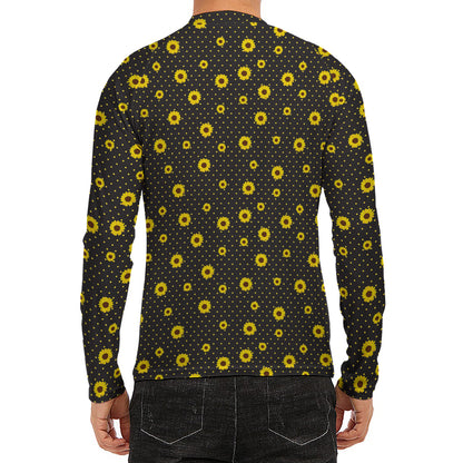Polka Dot Sunflower Pattern Print Men's Long Sleeve Rash Guard