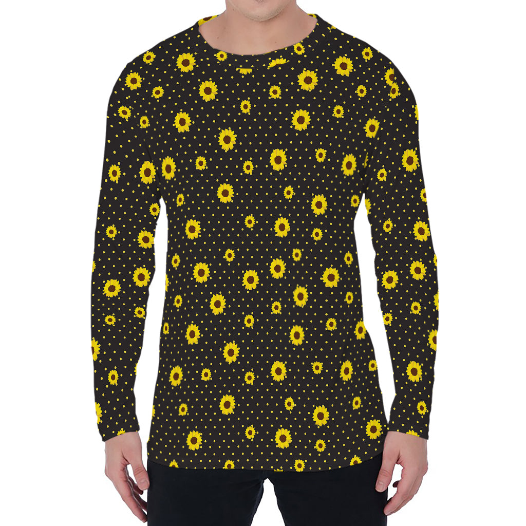 Polka Dot Sunflower Pattern Print Men's Long Sleeve T-Shirt