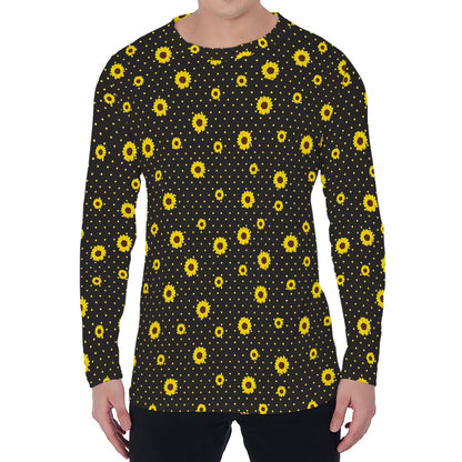 Polka Dot Sunflower Pattern Print Men's Long Sleeve T-Shirt