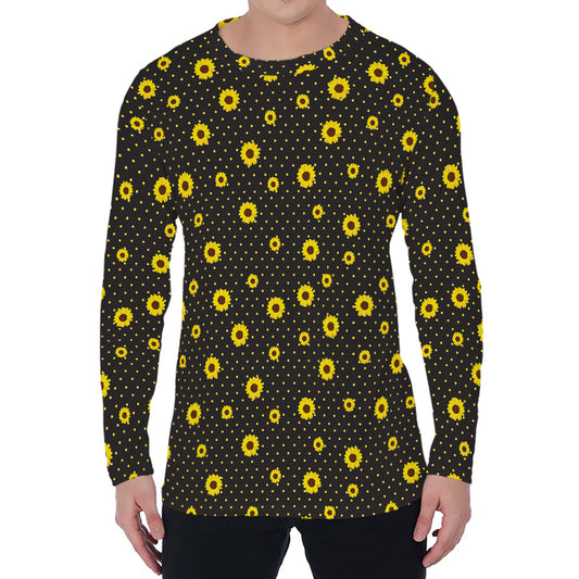 Polka Dot Sunflower Pattern Print Men's Long Sleeve T-Shirt