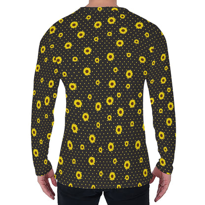 Polka Dot Sunflower Pattern Print Men's Long Sleeve T-Shirt