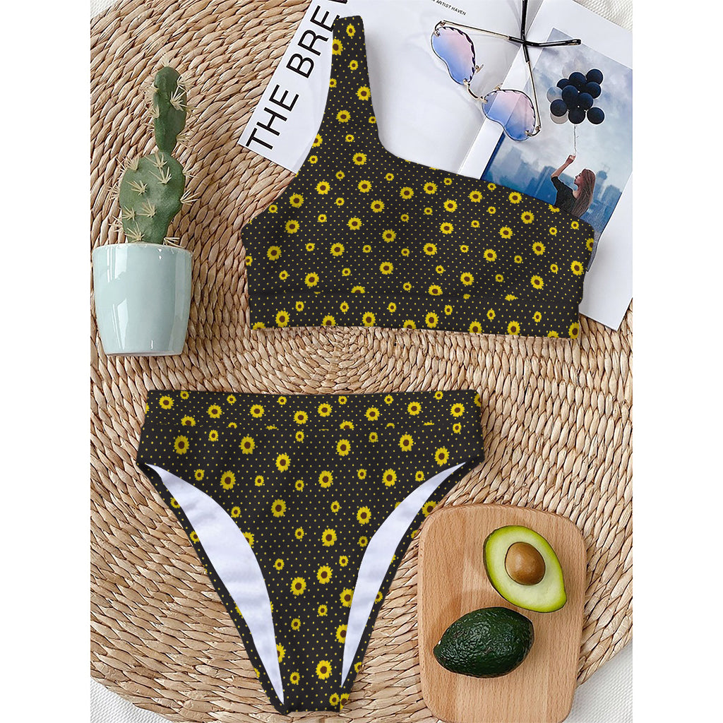 Polka Dot Sunflower Pattern Print One Shoulder Bikini Top