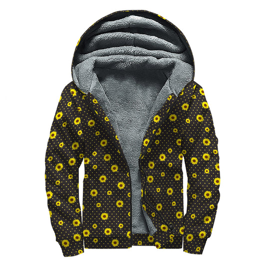 Polka Dot Sunflower Pattern Print Sherpa Lined Zip Up Hoodie