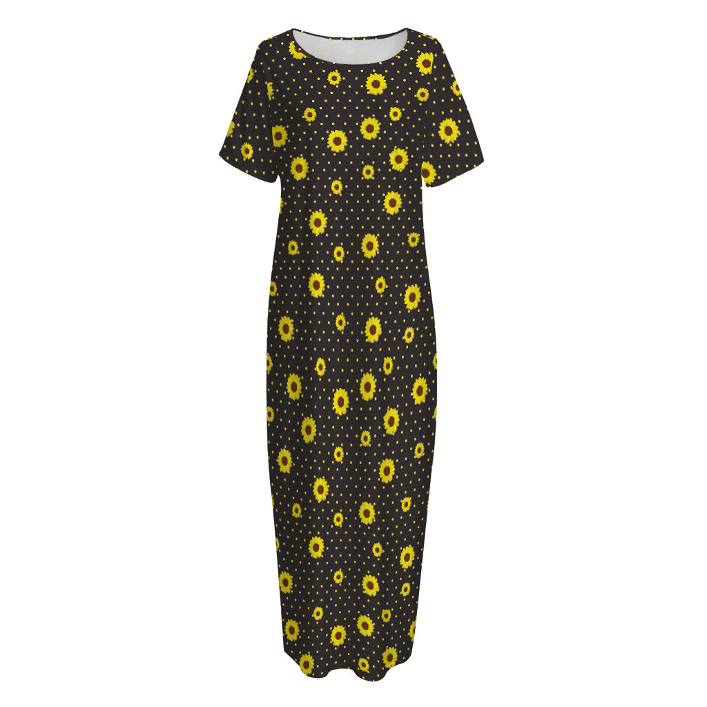 Polka Dot Sunflower Pattern Print Short Sleeve Long Nightdress