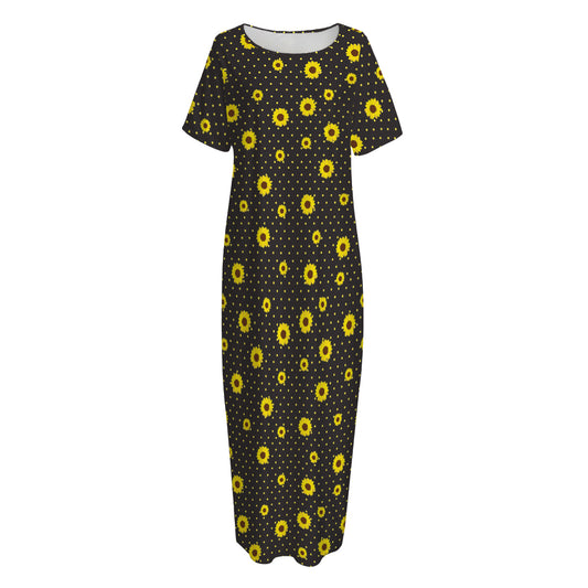 Polka Dot Sunflower Pattern Print Short Sleeve Long Nightdress