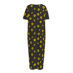 Polka Dot Sunflower Pattern Print Short Sleeve Long Nightdress