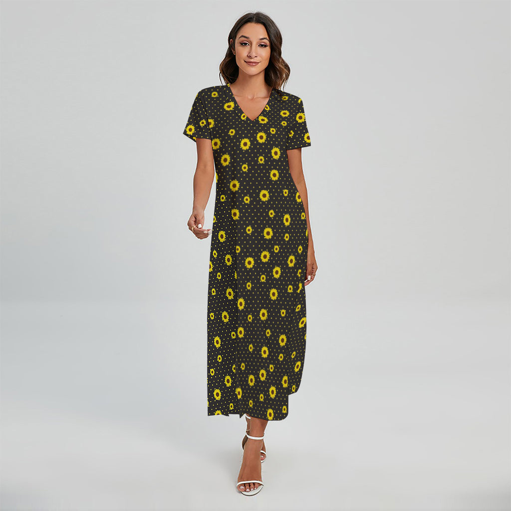 Polka Dot Sunflower Pattern Print Short Sleeve Maxi Dress