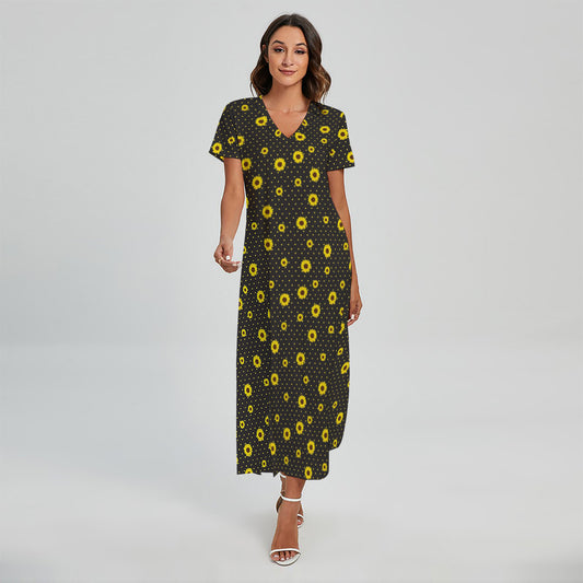 Polka Dot Sunflower Pattern Print Short Sleeve Maxi Dress
