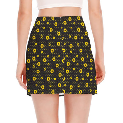 Polka Dot Sunflower Pattern Print Side Slit Mini Skirt