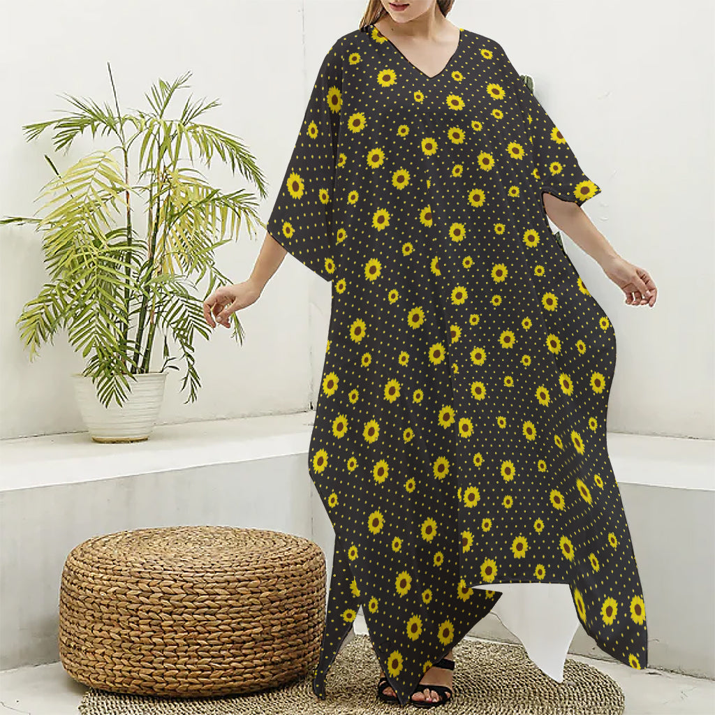 Polka Dot Sunflower Pattern Print Silk V-Neck Kaftan Dress