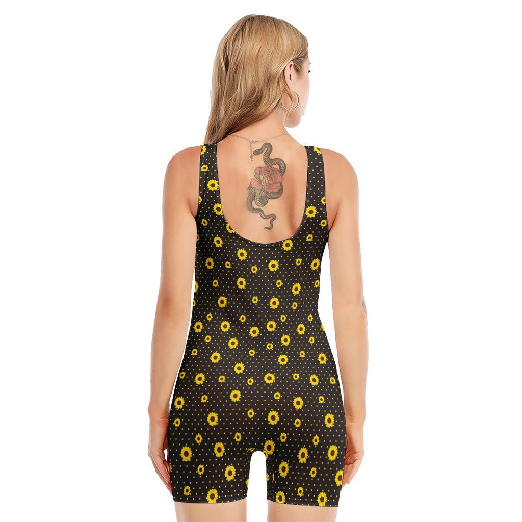 Polka Dot Sunflower Pattern Print Sleeveless One Piece Swimsuit