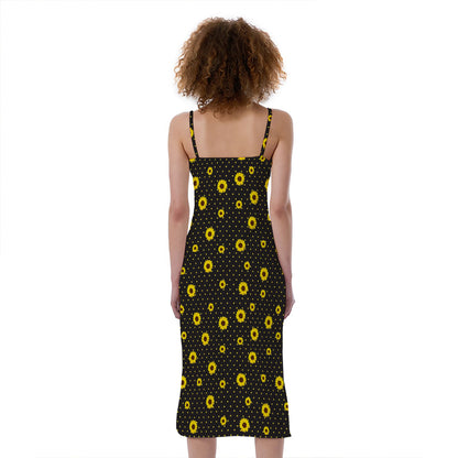 Polka Dot Sunflower Pattern Print Slim Fit Midi Cami Dress