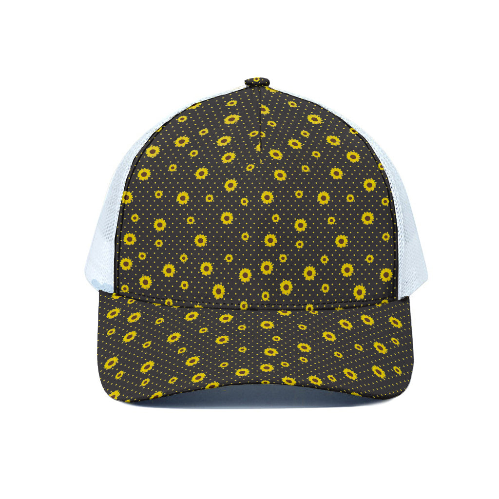 Polka Dot Sunflower Pattern Print White Mesh Trucker Cap