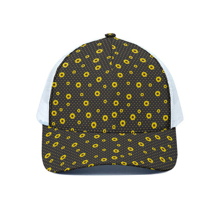 Polka Dot Sunflower Pattern Print White Mesh Trucker Cap