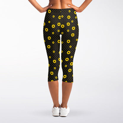 Polka Dot Sunflower Pattern Print Women's Capri Leggings