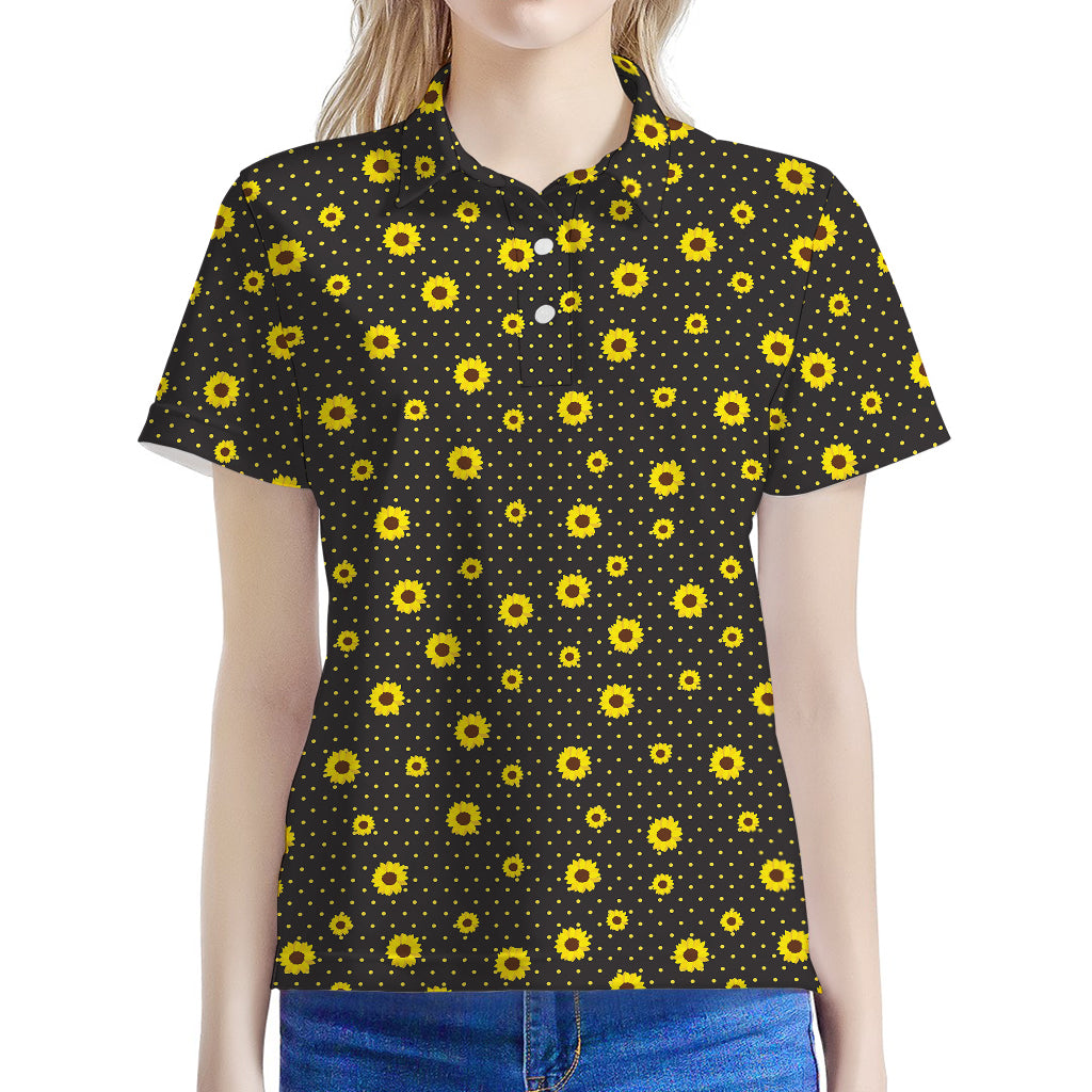 Polka Dot Sunflower Pattern Print Women's Polo Shirt