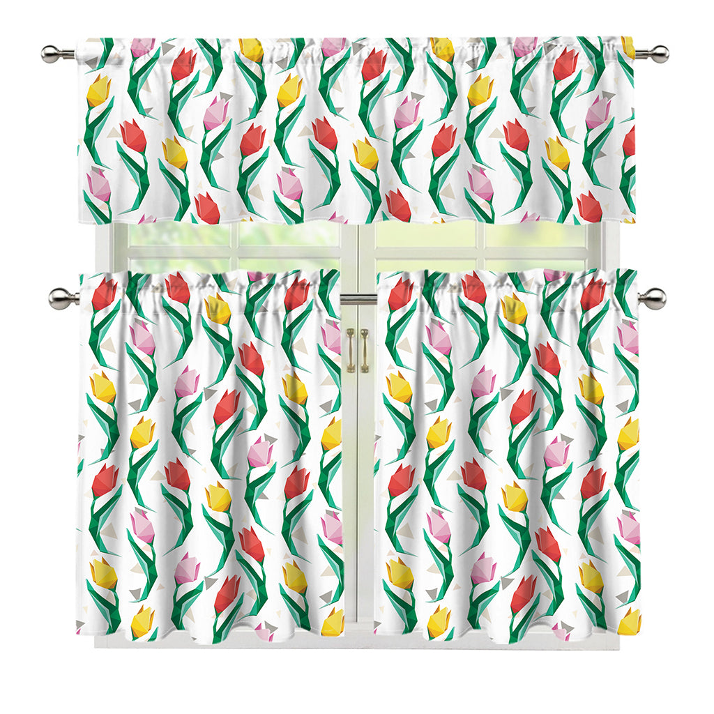 Polygon Tulip Pattern Print 3 Piece Kitchen Curtains