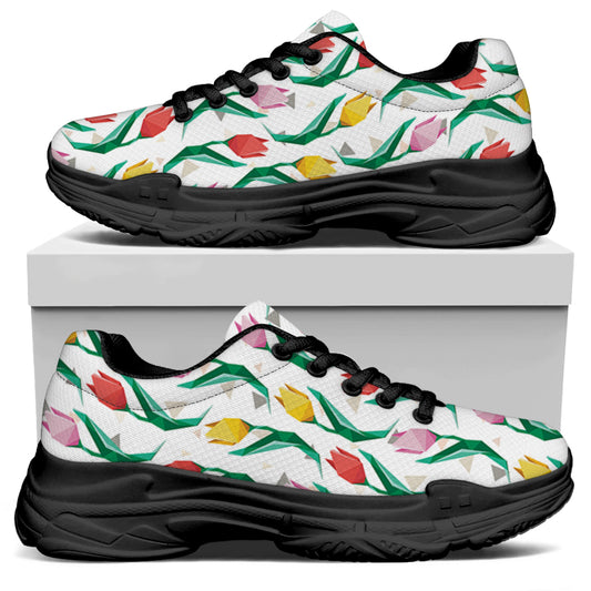 Polygon Tulip Pattern Print Black Chunky Shoes
