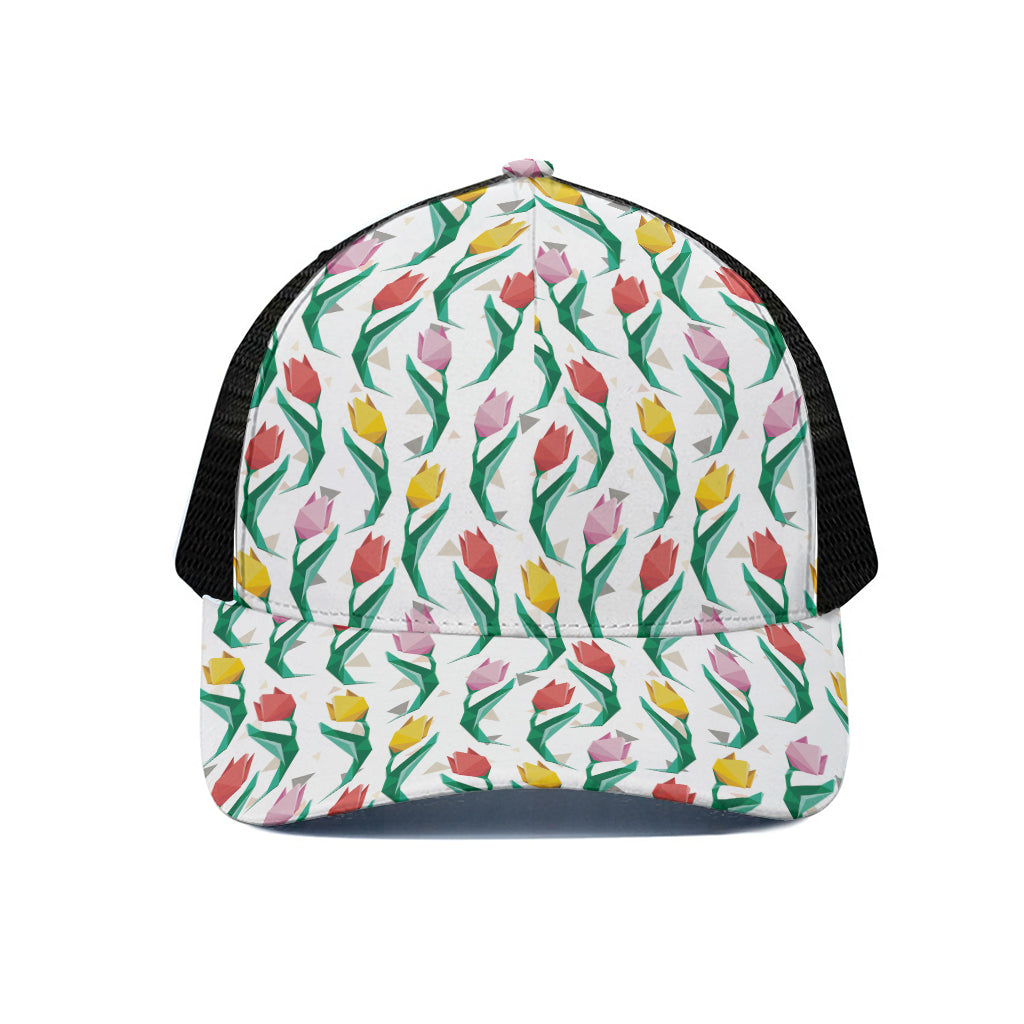 Polygon Tulip Pattern Print Black Mesh Trucker Cap