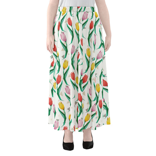 Polygon Tulip Pattern Print Chiffon Maxi Skirt