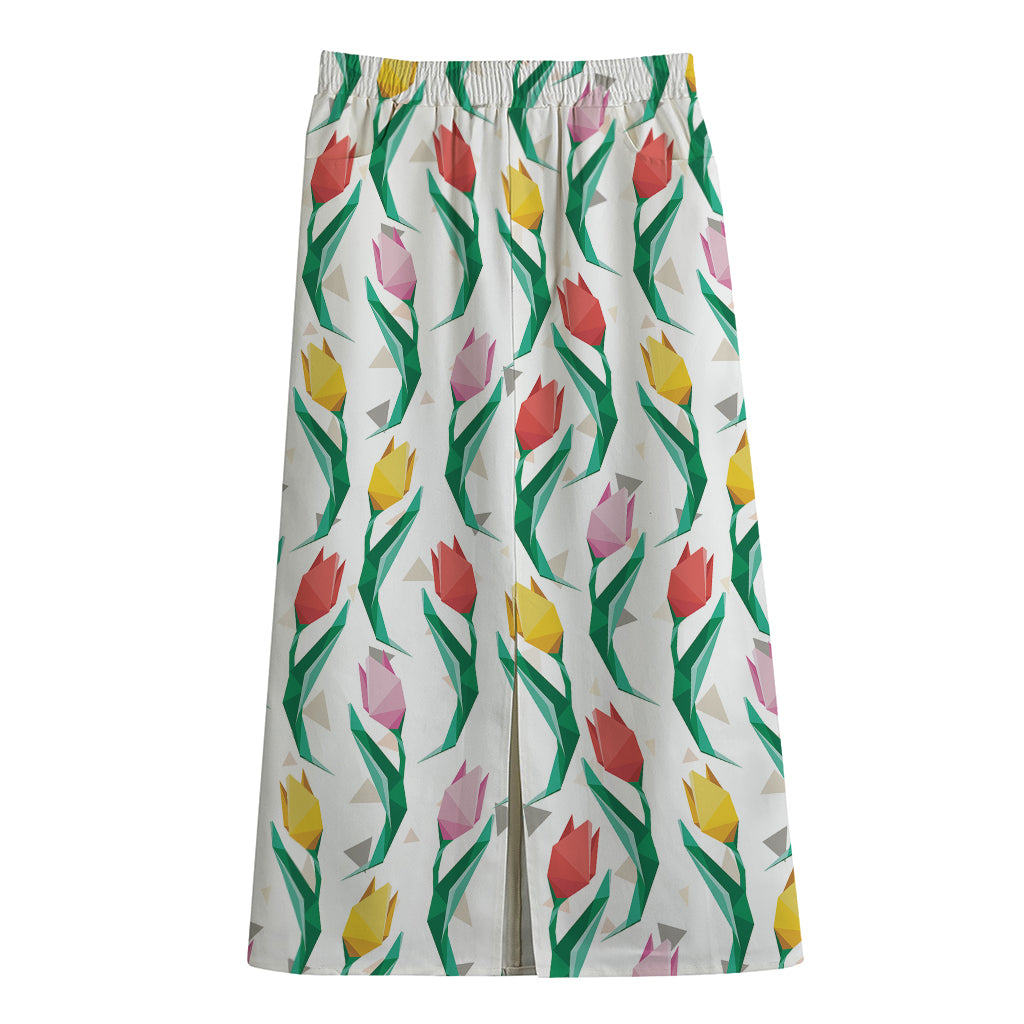 Polygon Tulip Pattern Print Cotton Front Slit Maxi Skirt