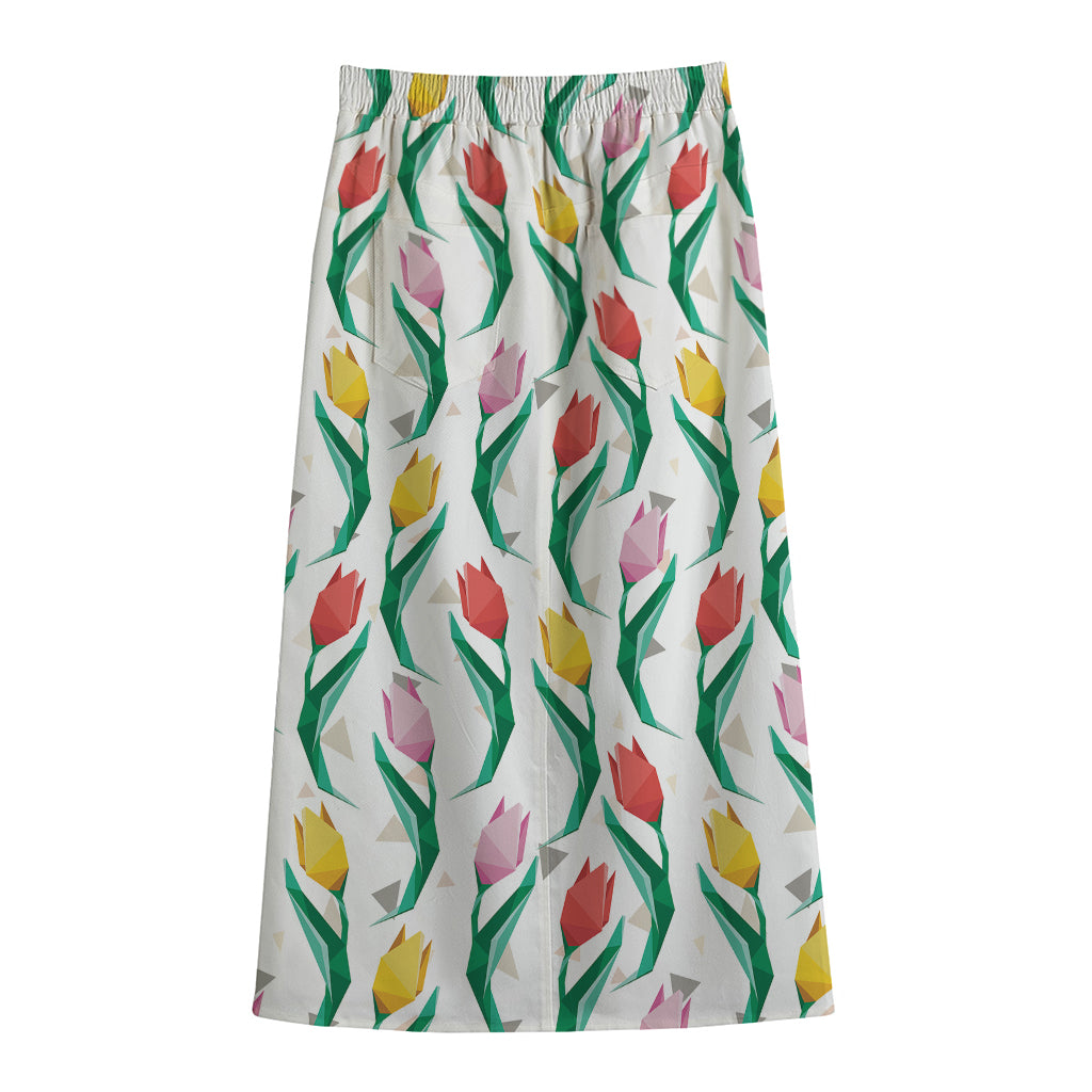 Polygon Tulip Pattern Print Cotton Front Slit Maxi Skirt