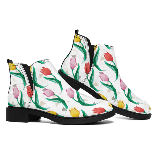 Polygon Tulip Pattern Print Flat Ankle Boots