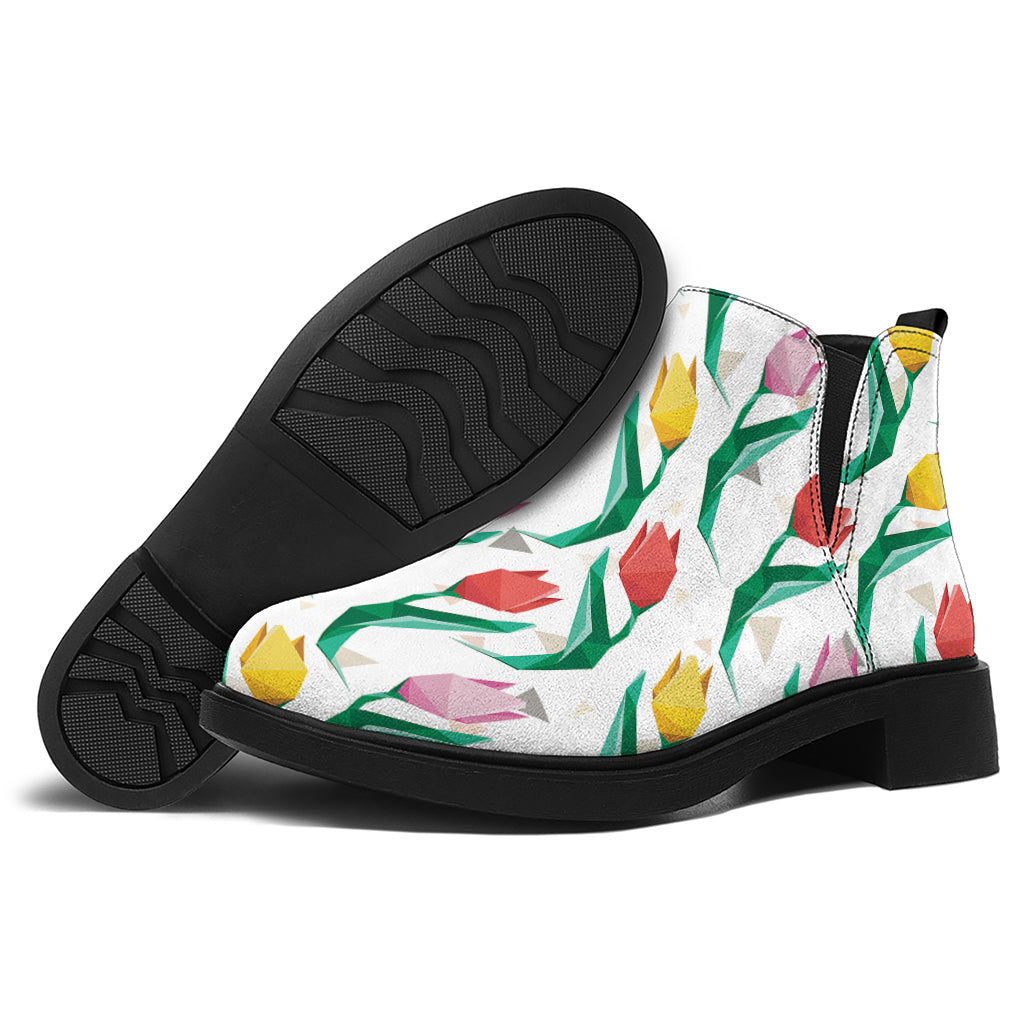 Polygon Tulip Pattern Print Flat Ankle Boots