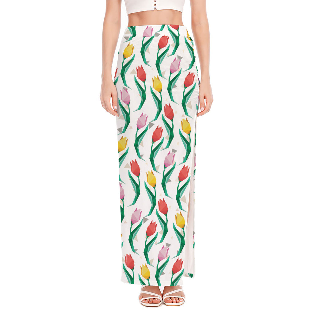 Polygon Tulip Pattern Print High Slit Maxi Skirt