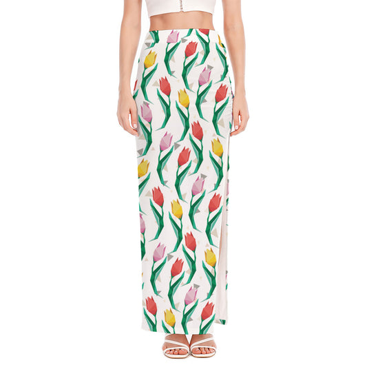 Polygon Tulip Pattern Print High Slit Maxi Skirt
