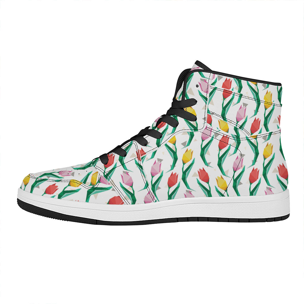 Polygon Tulip Pattern Print High Top Leather Sneakers