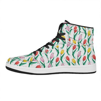 Polygon Tulip Pattern Print High Top Leather Sneakers