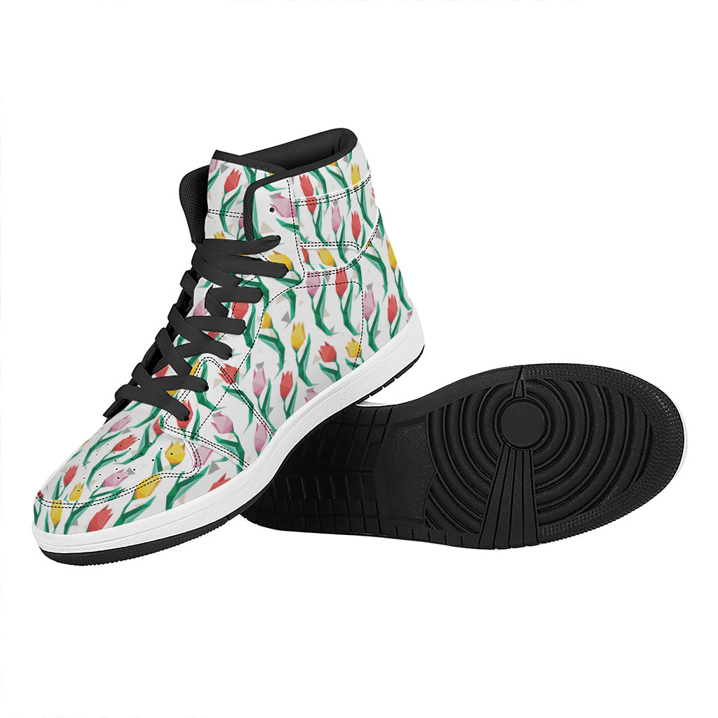 Polygon Tulip Pattern Print High Top Leather Sneakers