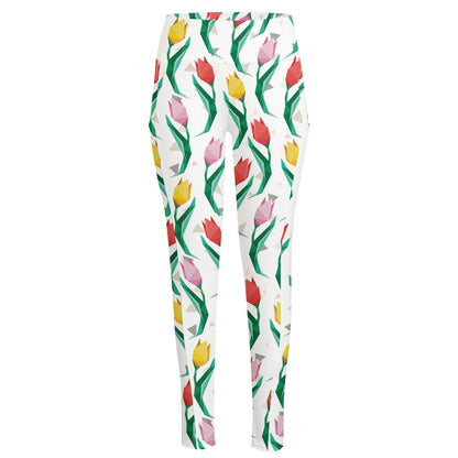 Polygon Tulip Pattern Print High-Waisted Pocket Leggings