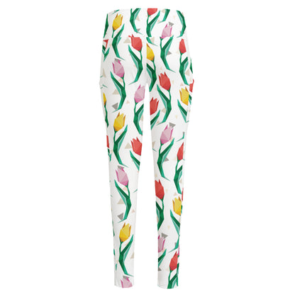 Polygon Tulip Pattern Print High-Waisted Pocket Leggings