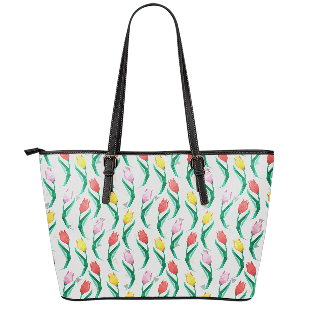 Polygon Tulip Pattern Print Leather Tote Bag