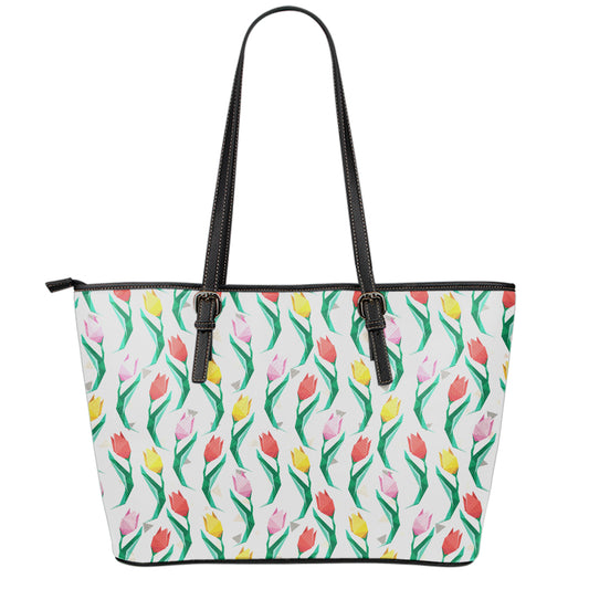 Polygon Tulip Pattern Print Leather Tote Bag
