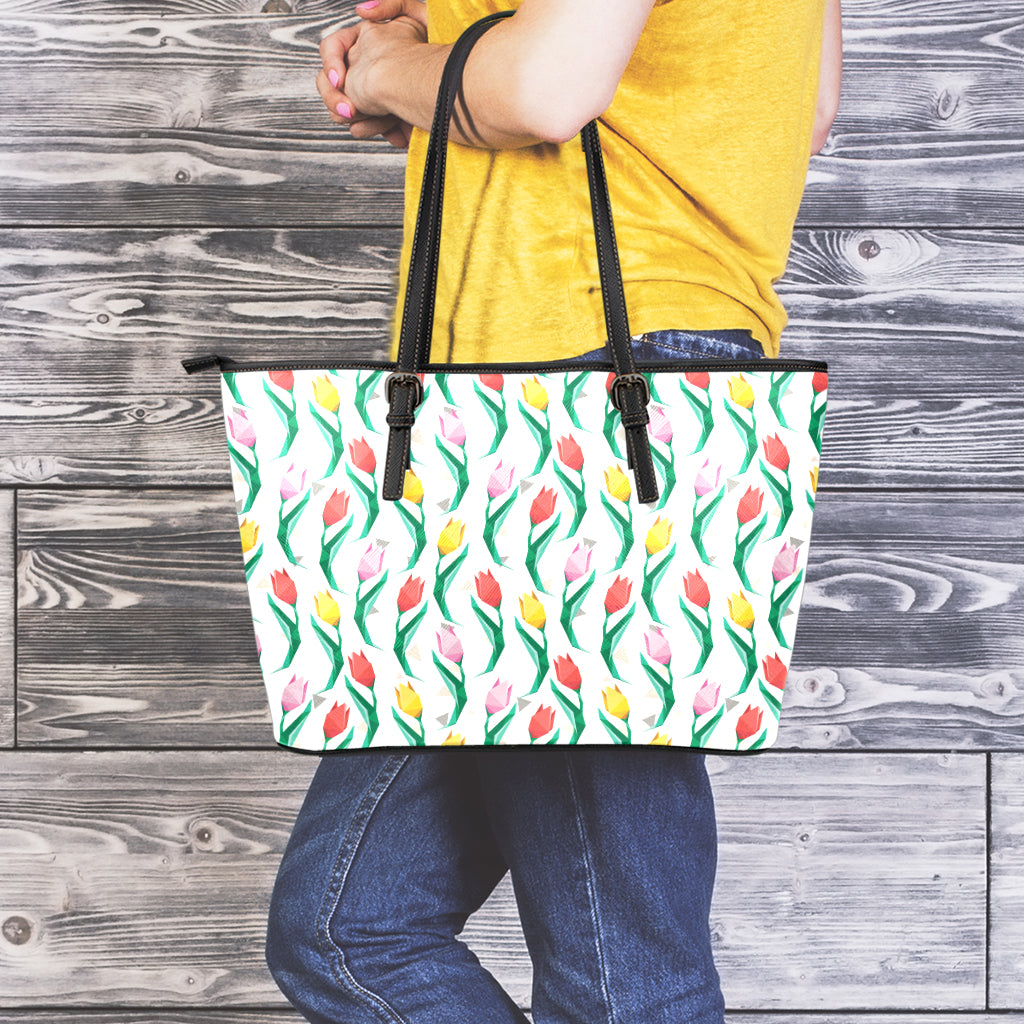 Polygon Tulip Pattern Print Leather Tote Bag