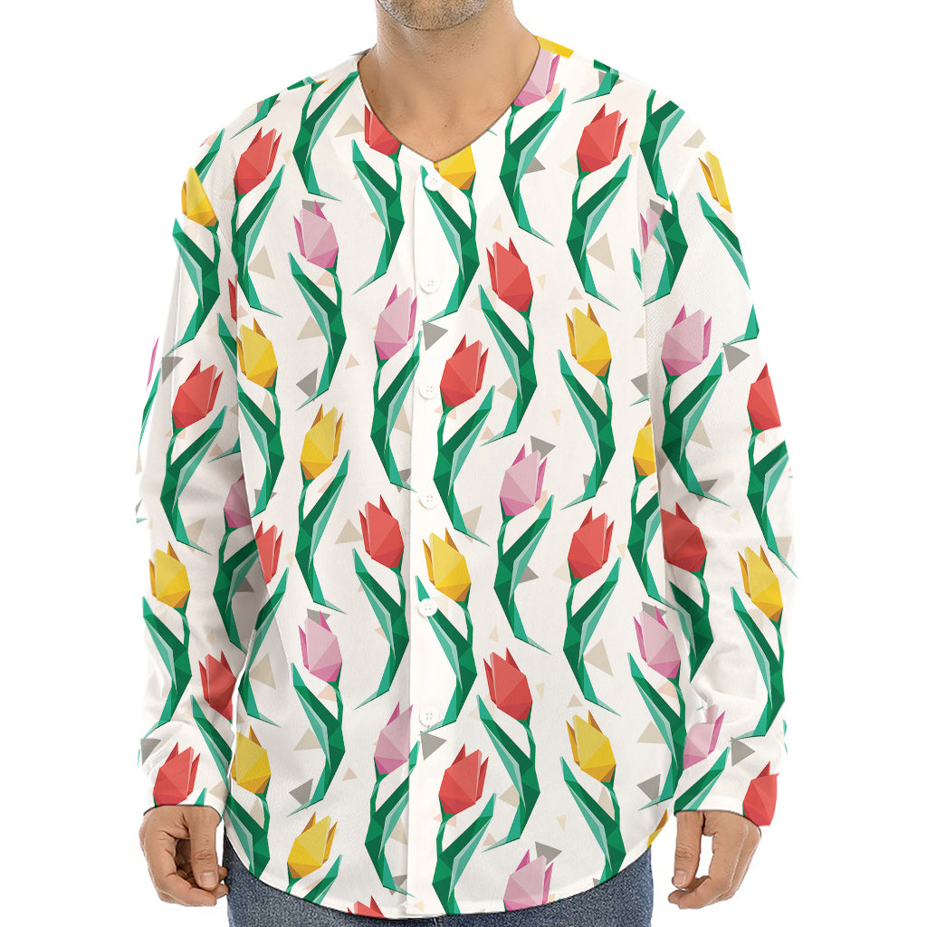 Polygon Tulip Pattern Print Long Sleeve Baseball Jersey