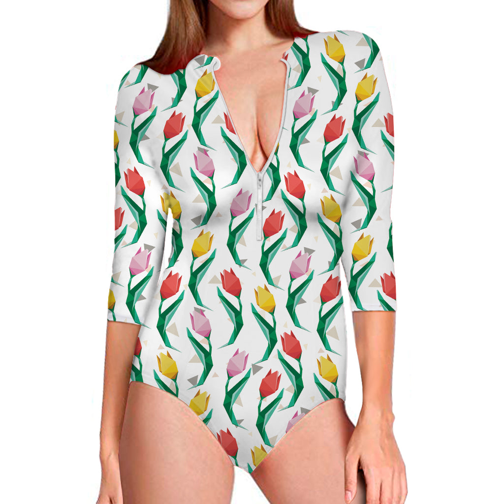 Polygon Tulip Pattern Print Long Sleeve Swimsuit