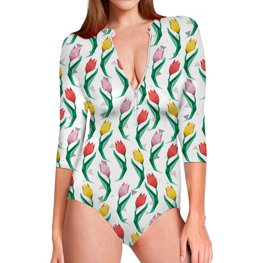 Polygon Tulip Pattern Print Long Sleeve Swimsuit