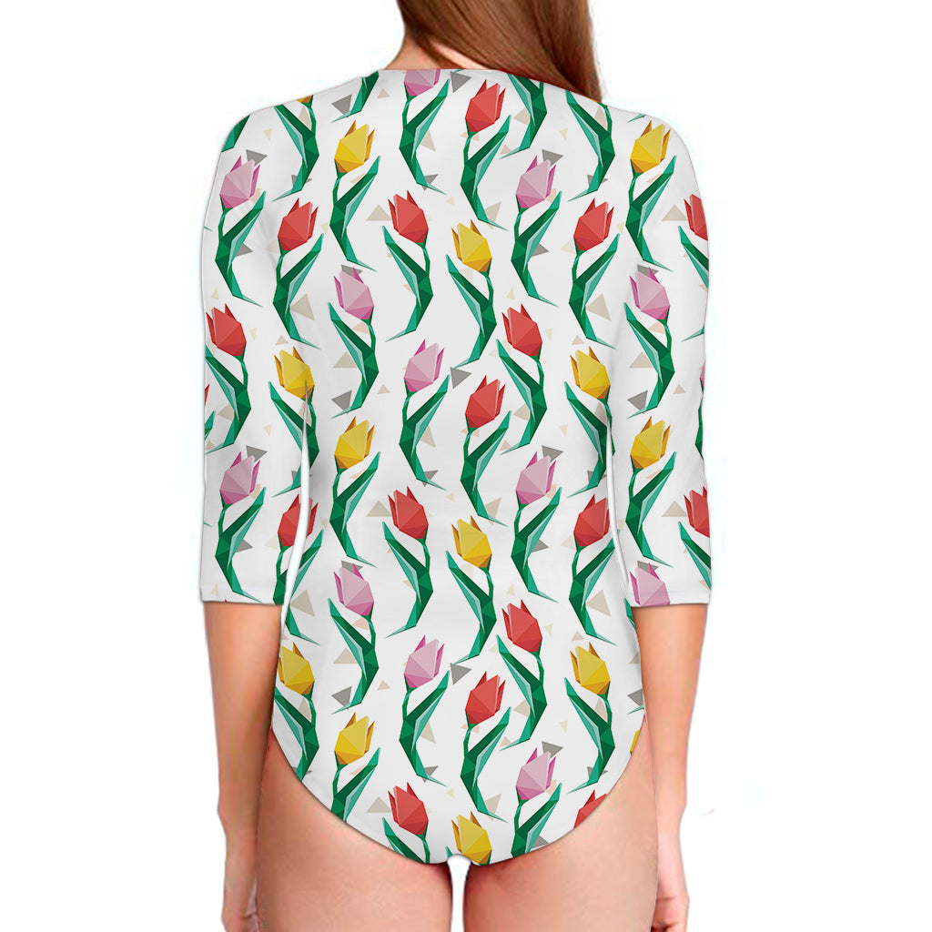 Polygon Tulip Pattern Print Long Sleeve Swimsuit
