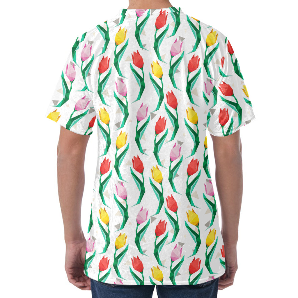 Polygon Tulip Pattern Print Men's Velvet T-Shirt