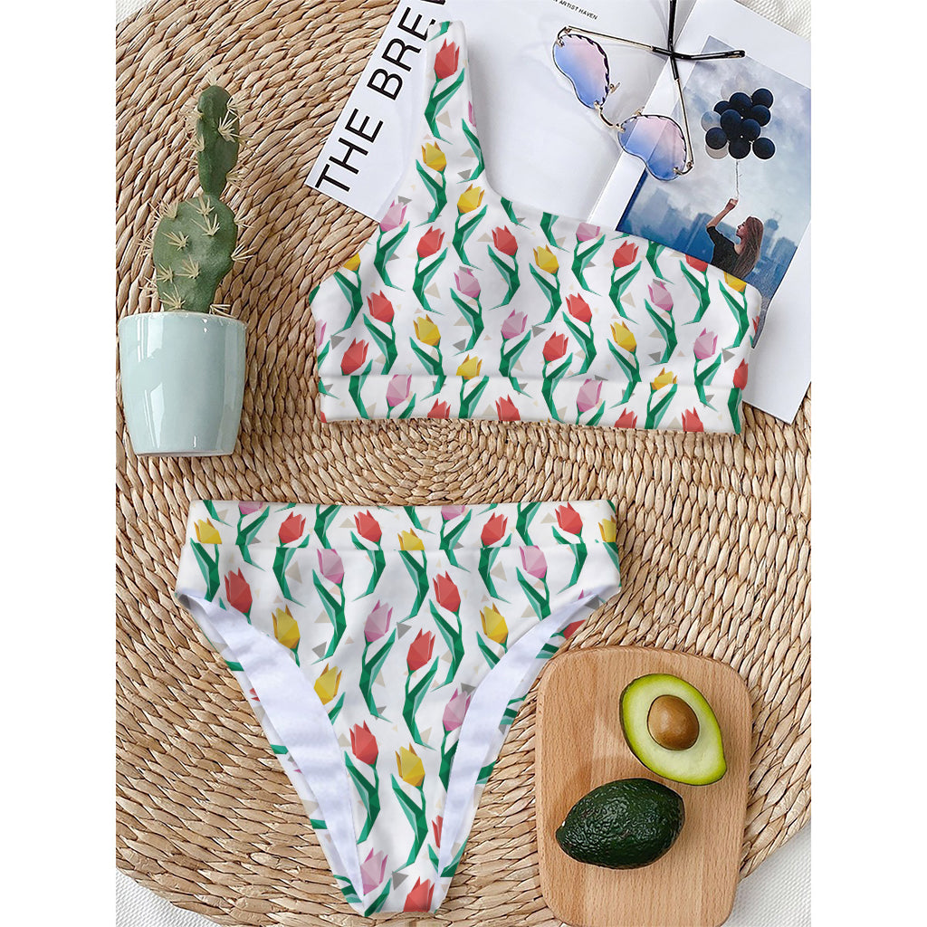 Polygon Tulip Pattern Print One Shoulder Bikini Top