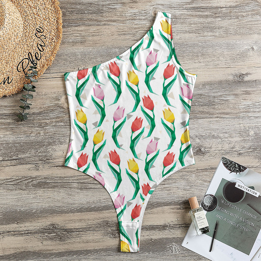 Polygon Tulip Pattern Print One Shoulder Bodysuit