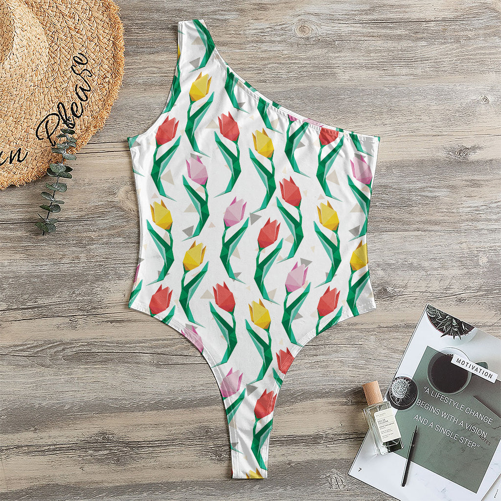 Polygon Tulip Pattern Print One Shoulder Bodysuit